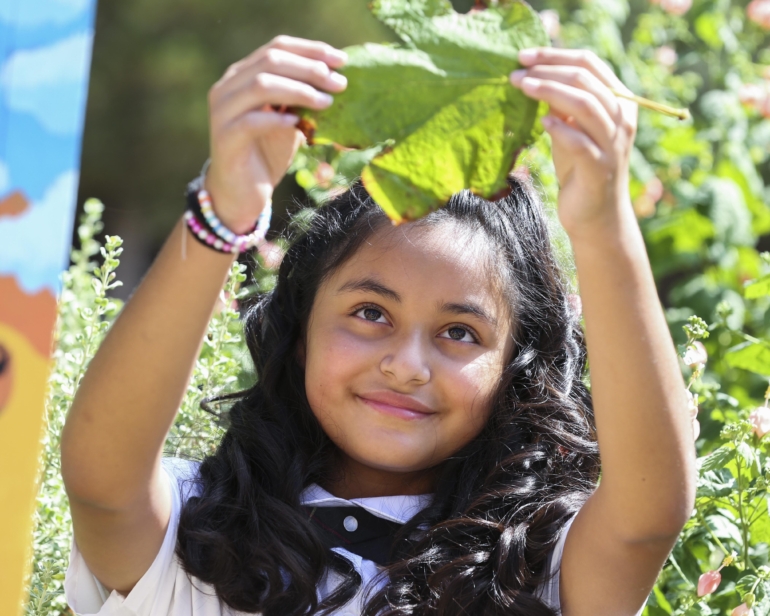 Student holding leaf