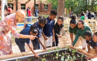 Students inspecting garden bed