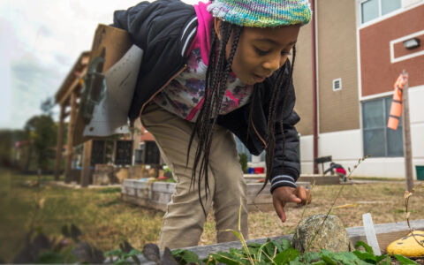 Girl with notebook inspecting garden